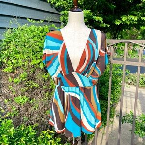 Copper Key Shimmery Abstract Stripes Deep V-neck Tunic Blouse